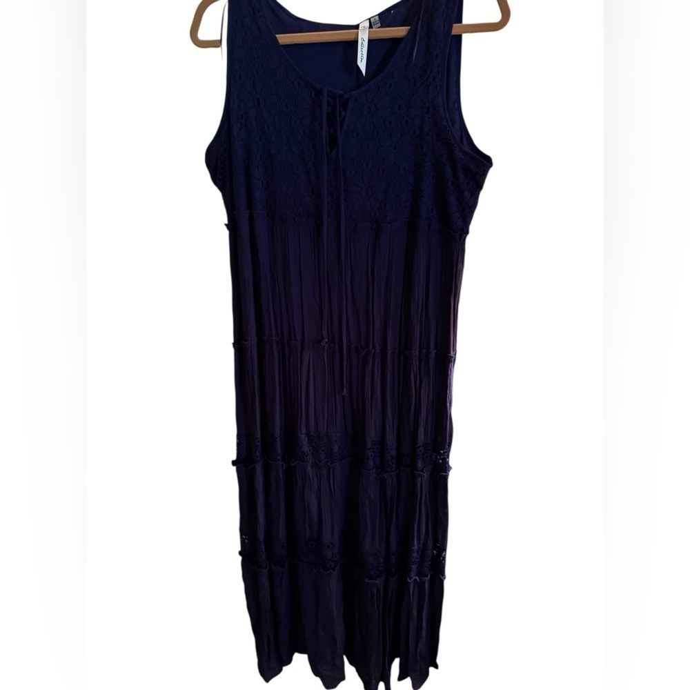 NY Collection Boho Lace Tiered Maxi Dress – Size XL – Navy Blue